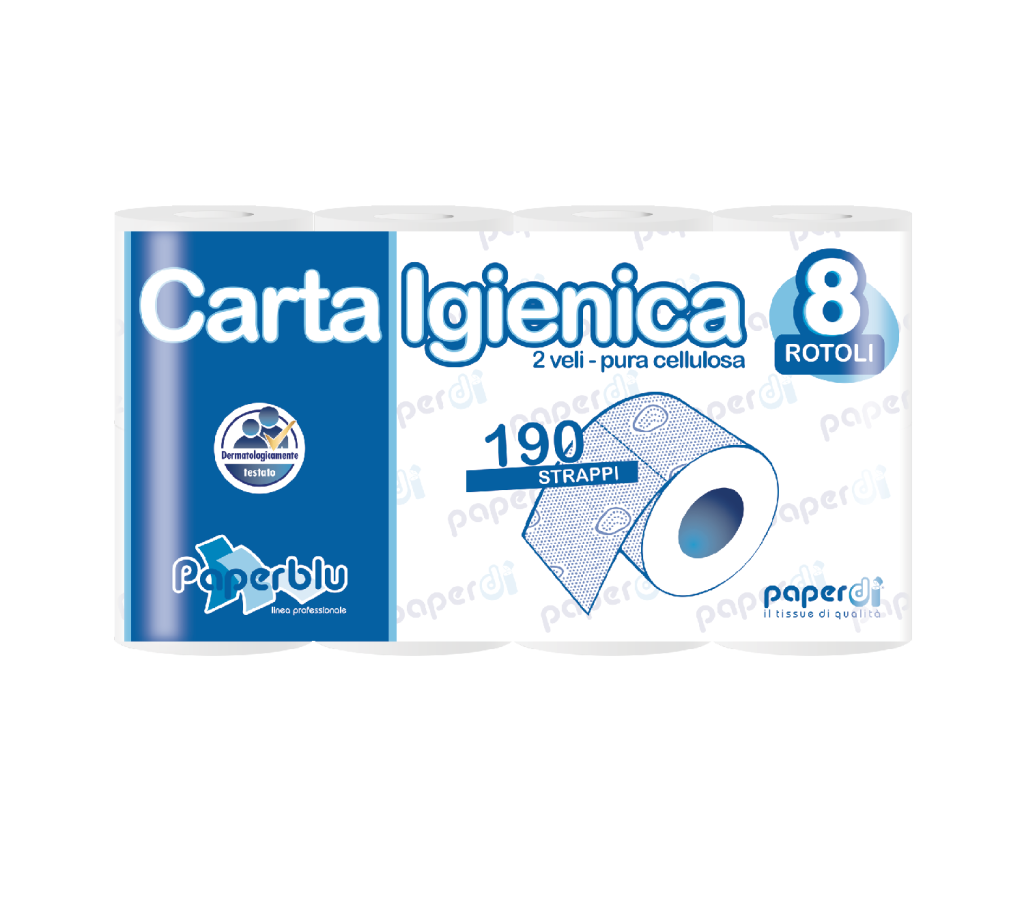 Carta igienica rotolo 190 STRAPPI-8 ROTOLI Carta igienica rotolo 2 veli, 190 strappi 8 rotoli - TORINOMED