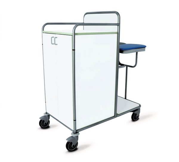 45915 Carrello chiuso in laminato, con ante frontali, 3 ripiani più top e 2 portasacchi.