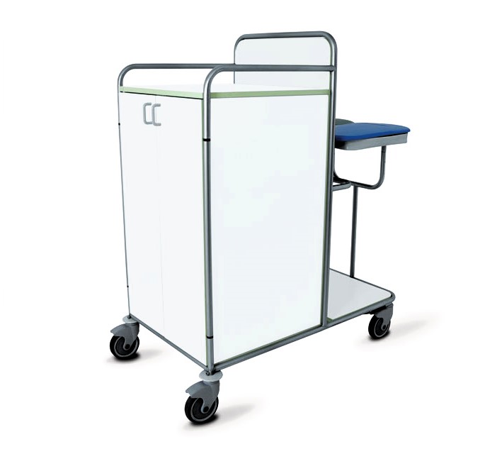 Carrello chiuso in laminato, con ante frontali, 3 ripiani più top e 2 portasacchi.