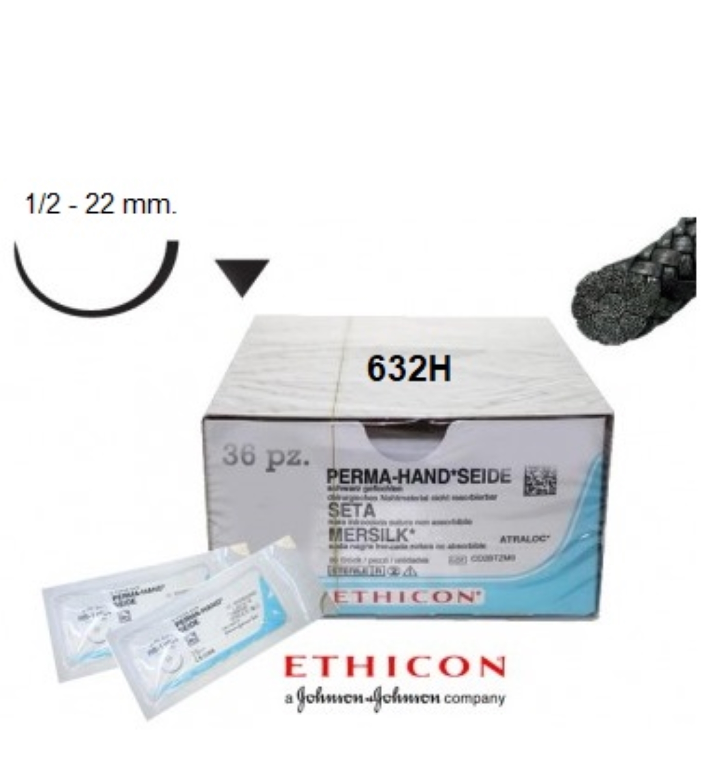 sutura_ethicon_seta_632H_3-0 SETA 3/0 - 632H - ETHICON intrecciata - 1/2 Ago X-1 22 mm. - 45 cm. filo - Conf. 36 pz.