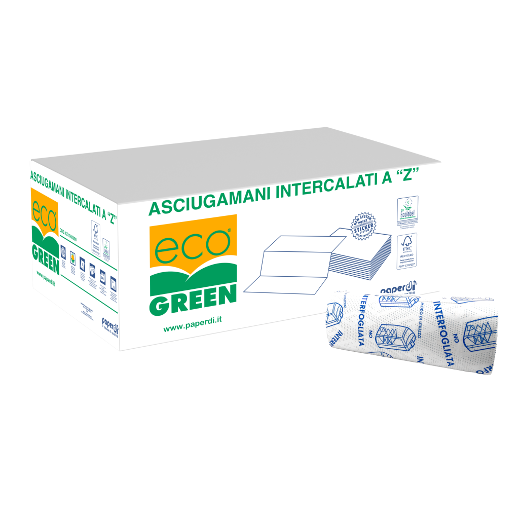 ASCIUGAMANO A Z PAPERDI ASCIUGAMANI INTERFOGLIATI A “Z” IN CARTA ECO GREEN, 2 VELI, CONFEZIONE DA 3000 PEZZI (15 PACCHI DA 200) - TORINOMED