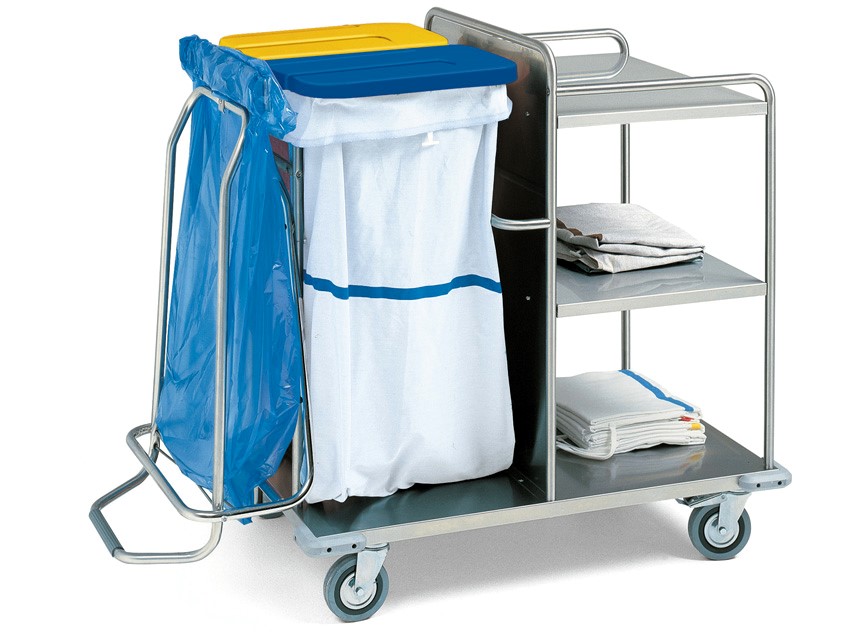 Questo carrello consente di recuperare la biancheria sporca mentre viene distribuita quella pulita ai letti dei pazienti. Struttura in acciaio inox.