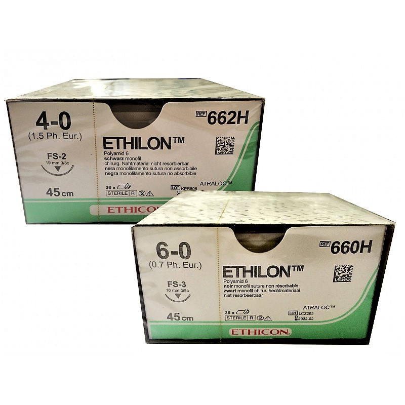 5905.jpg ETHILON 4/0 – 662SLH – ETHICON monofilamento – 3/8 – ago: FS-2S 19 mm. – 45 cm. filo – conf. 36 pz.