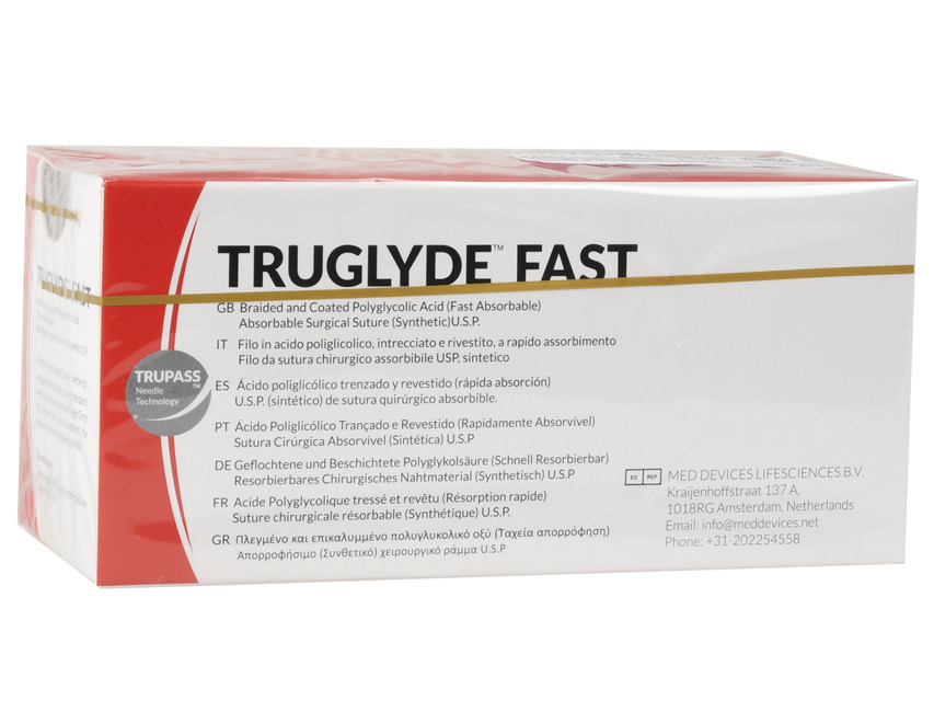 6215.jpg Sutura assorbibile "TRUGLYDE FAST" - 1/0 - 1/2 - ago 40 mm. - 90 cm. filo incolore - conf. 12 pz.