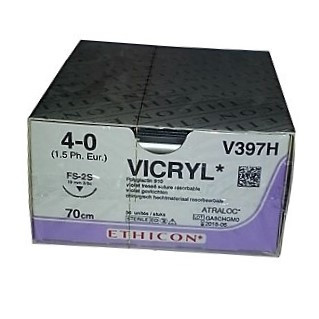 7309.jpg VICRYL 4/0 – V397H – ETHICON intrecciata – 3/8 Ago - FS-2 19 mm. – 70 cm. filo – Conf. 36 pz.
