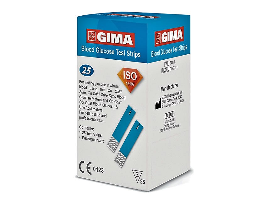 24118 TORINOMED - Strisce glucosio per glucometro GIMA. Confezione da 25 strisce.