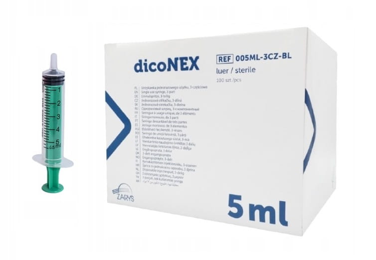 l5 Siringa senza ago - 3 parti - cono Luer Centrale- 5 ml - conf. 100 pz - "dicoNEX" ZARYS