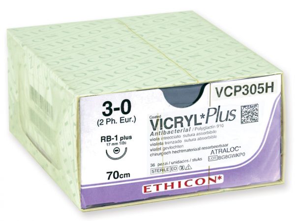 22361 VICRYL PLUS 3/0 – VCP305H – ETHICON intrecciato – 1/2 - ago: RB-1 Plus 17 mm. - 70 cm. filo – conf. 36 pz.