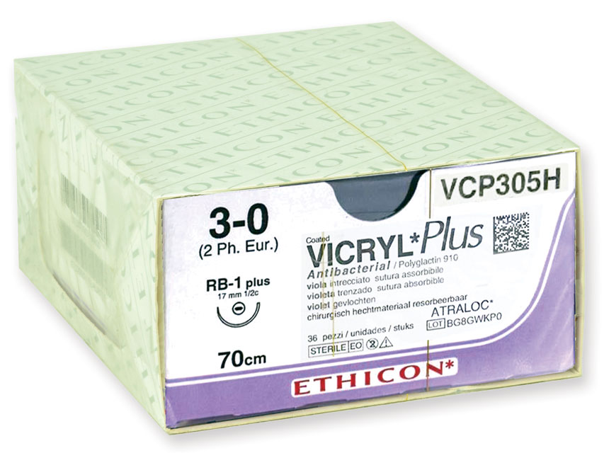 22361 VICRYL PLUS 3/0 – VCP305H – ETHICON intrecciato – 1/2 - ago: RB-1 Plus 17 mm. - 70 cm. filo – conf. 36 pz.