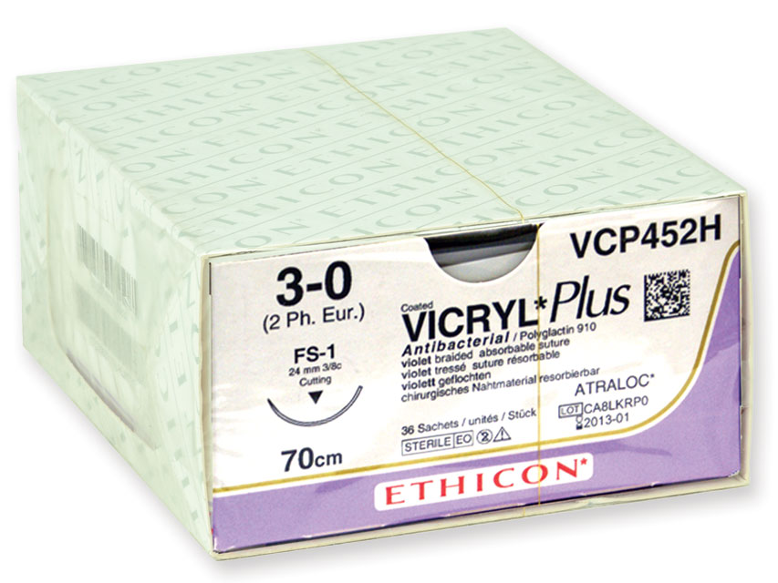 22362 VICRYL PLUS 3/0 – VCP452H – ETHICON intrecciato – 3/8 - ago: FS-1 24 mm. - 70 cm. filo – conf. 36 pz.
