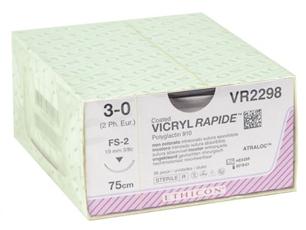22375 VICRYL RAPIDE 3/0 – VR2298 – ETHICON intrecciata – 3/8 Ago FS-2 19 mm. – 75 cm. filo – Conf. 36 pz.