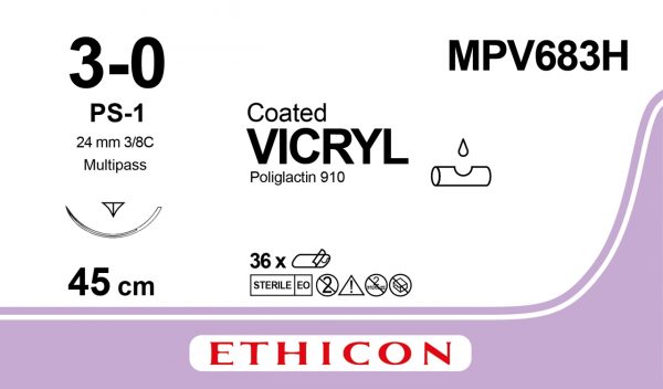 MPV683H VICRYL 3/0 – MPV683H – ETHICON intrecciata – 3/8 Ago - PS-1 24 mm. – 45 cm. filo – Conf. 36 pz.