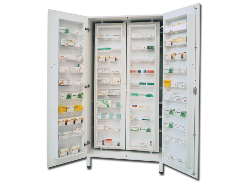 27942.44.45_a ARMADIO PORTAFARMACI - in bilaminato, spessore 20 mm. - 100 x 60 x h. 195 cm. - con tesoretto per stupefacenti